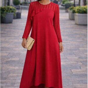 Red Maxi Silhouette Ruffle Dress Open Wide Crochet Style Long Sleeves